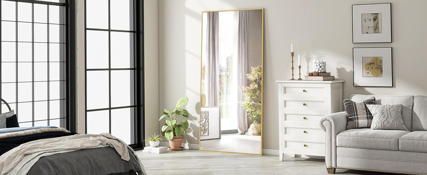 Дзеркало підлогове велике BEAUTYPEAK 76x180 см, повнорозмірне, настінне/підлогове, золоте, для спальні, вітальні, гардеробної