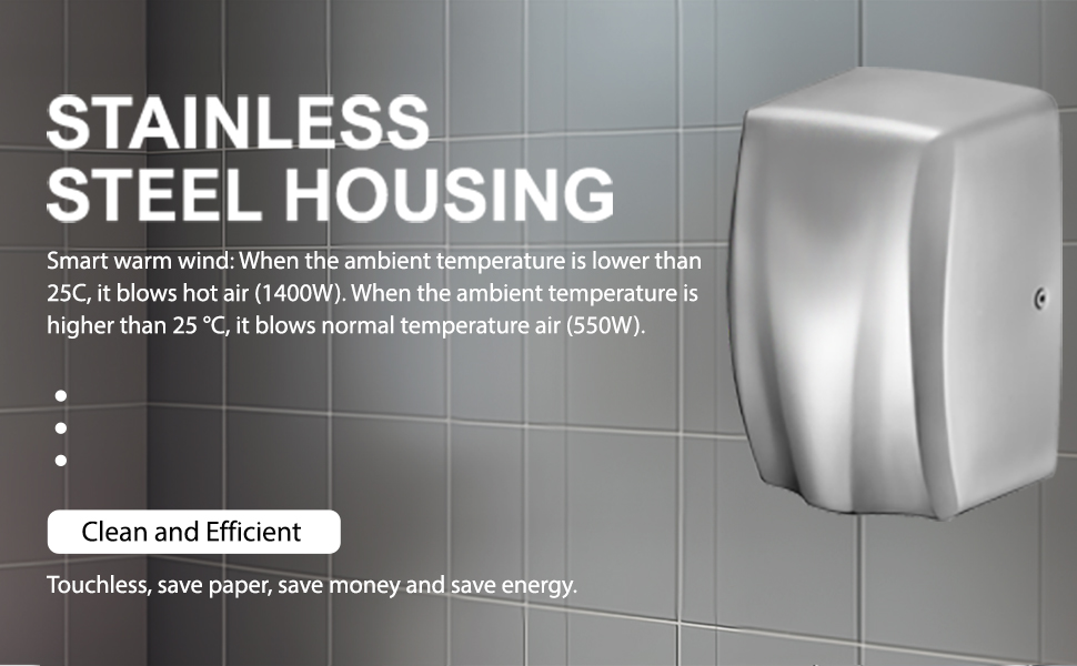 Компактний сушар для рук з нержавіючої сталі для комерційного використання, висока швидкість, високопродуктивний сушар з HEPA-фільтром