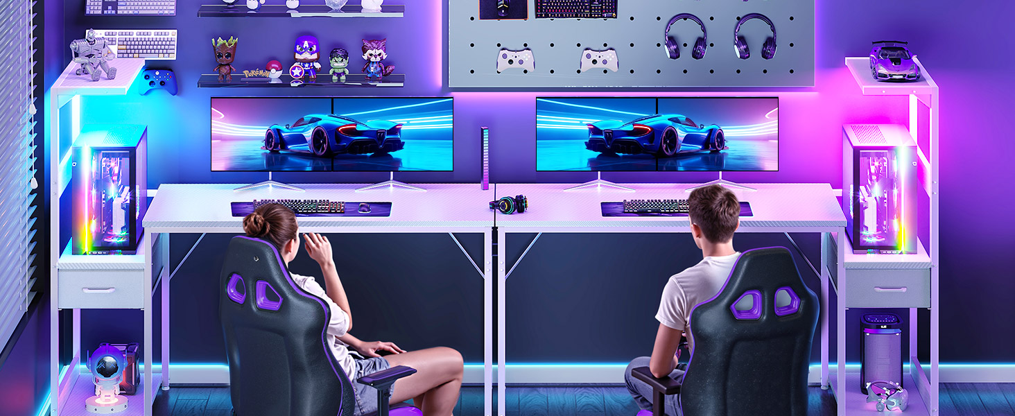 Ігровий стіл Coleshome з LED-підсвічуванням 120x48 см, з шухлядами та полицею, регульований, з тримачем для навушників