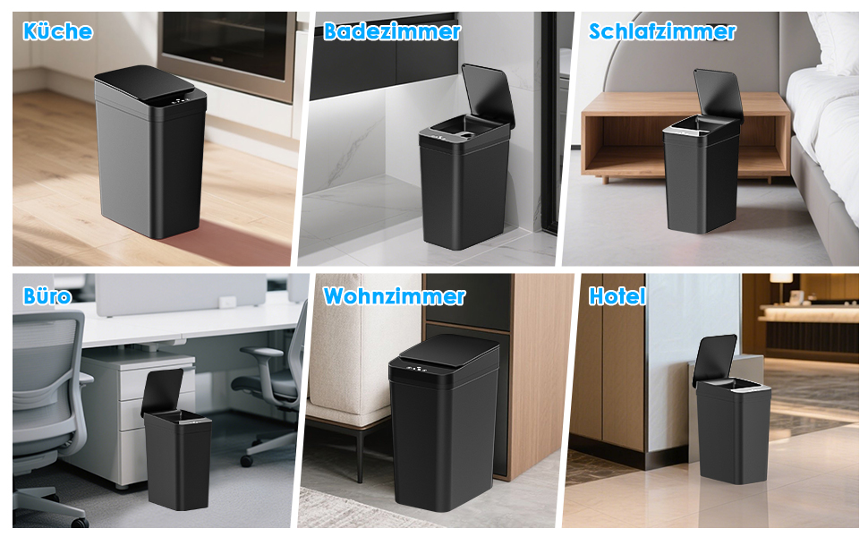 Набір з 2 автоматичних сміттєвих баків з датчиком, 12л, сенсорний кришка, 3 режими роботи, тихий, водонепроникний, інтелектуальний контейнер для сміття, для кухні, офісу, вітальні, ванної кімнати (2 шт. чорний)