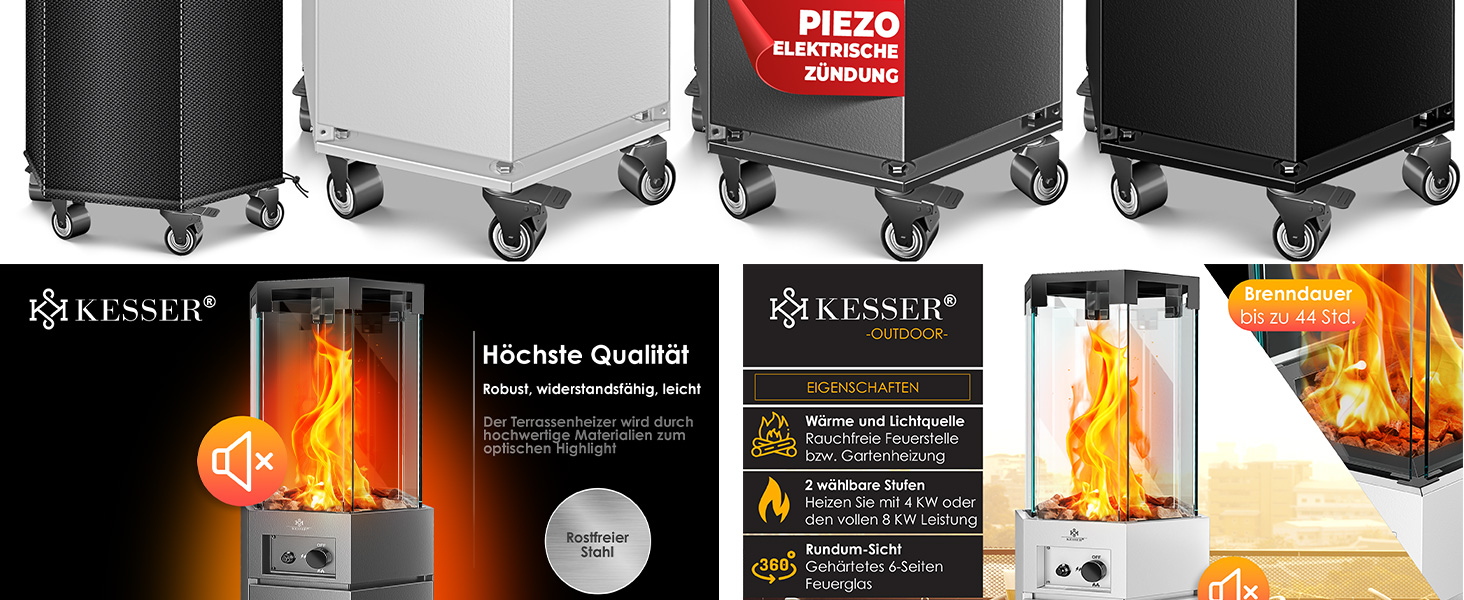Газовий обігрівач KESSER® 4/8 кВт з П'єзозапалюванням, регулятором тиску газу та захисним кожухом. 360° обертання, захист від перекидання. Підходить для тераси, вулиці. Колір: антрацит.