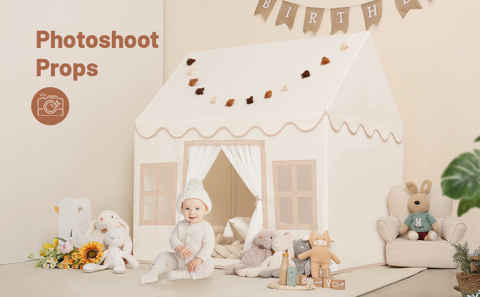 Дитяче намет-ігровий будиночок Wilwolfer з килимком для малюків: Принцесин будиночок з бахромою для дівчаток та хлопчиків - Великий намет для гри в приміщенні та на вулиці, кремовий колір