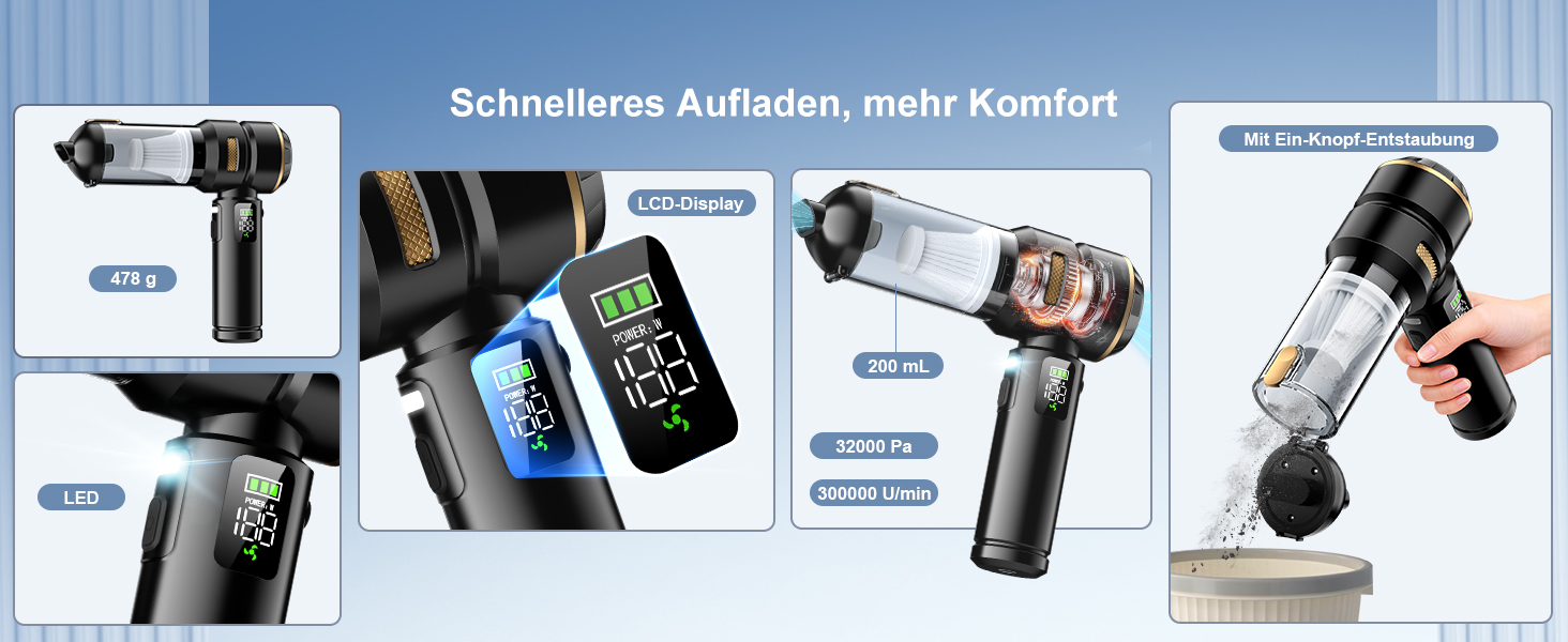 Акумуляторний автомобільний пилосос 4-в-1 32000 Па з LCD дисплеєм, безщітковим мотором, для авто, офісу, шерсті тварин