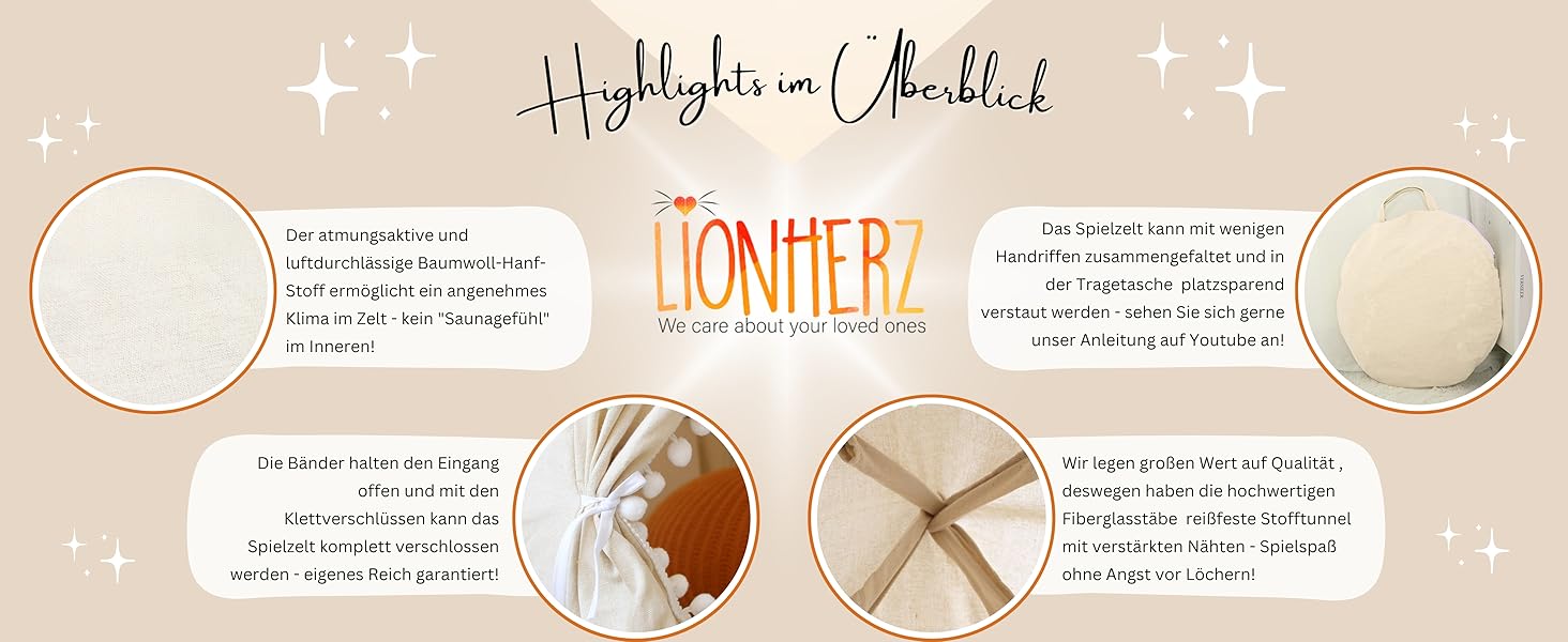 Дитячий намет LIONHERZ® DAS ORIGINAL: принцесин замок з бавовни та льону | з фібергласовими штангами та сумкою для перенесення | стабільний намет-тіпі для дівчаток (без аксесуарів)