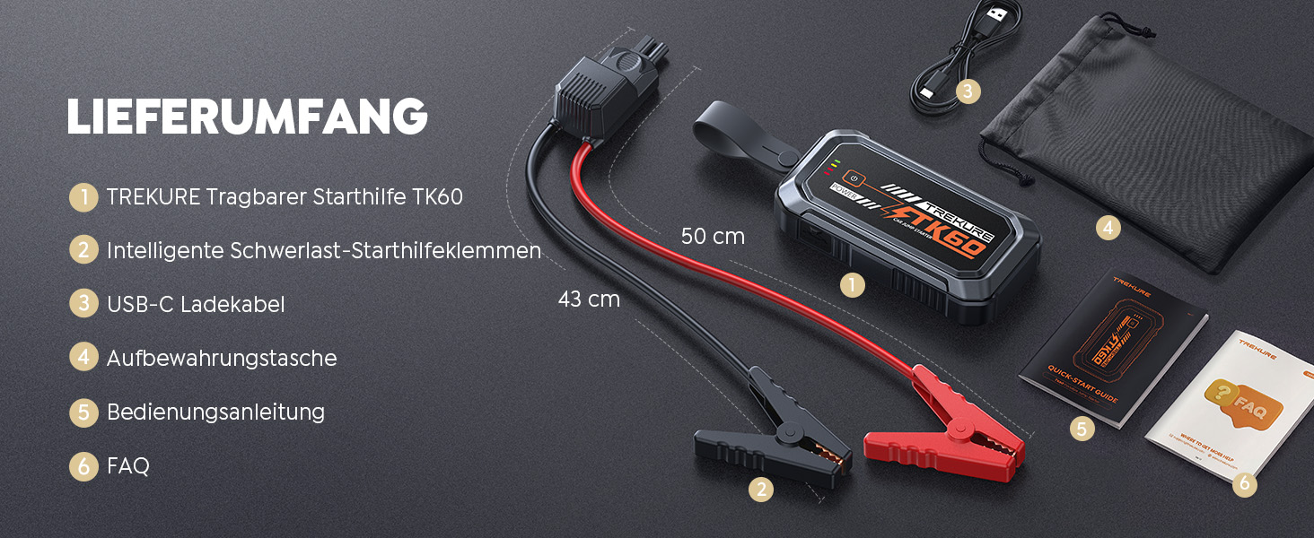 Бустер для автомобіля TREKURE 7000A — Пусковий пристрій (Powerbank) для авто до 9л бензин та 6.5л дизель, з функцією примусового запуску, магнітним кріпленням та 4-в-1 LED робочим світлом, чорний