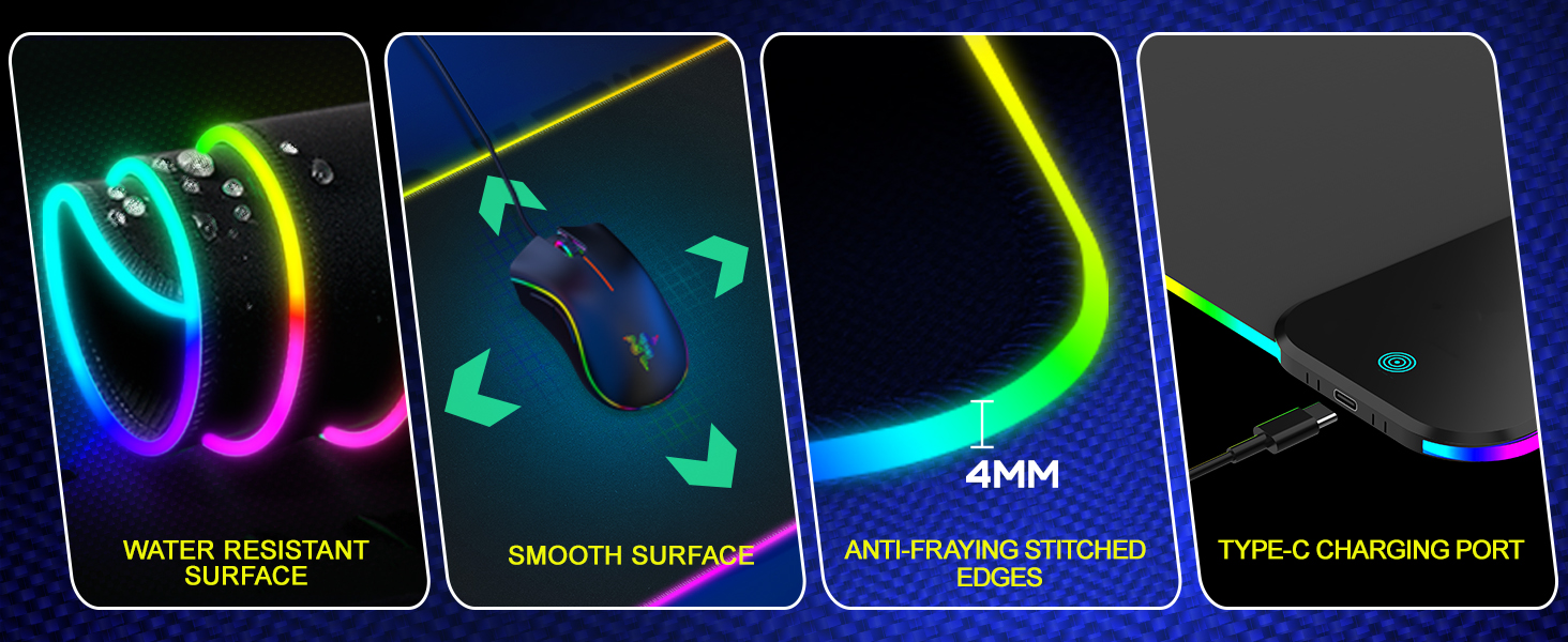 Ігрова килимок для миші RGB з бездротовою зарядкою Qi 15W, LED-підсвічування, 10 режимів, вологостійкий, протиковзкий, для геймінгу, офісу та дому (Чорний)
