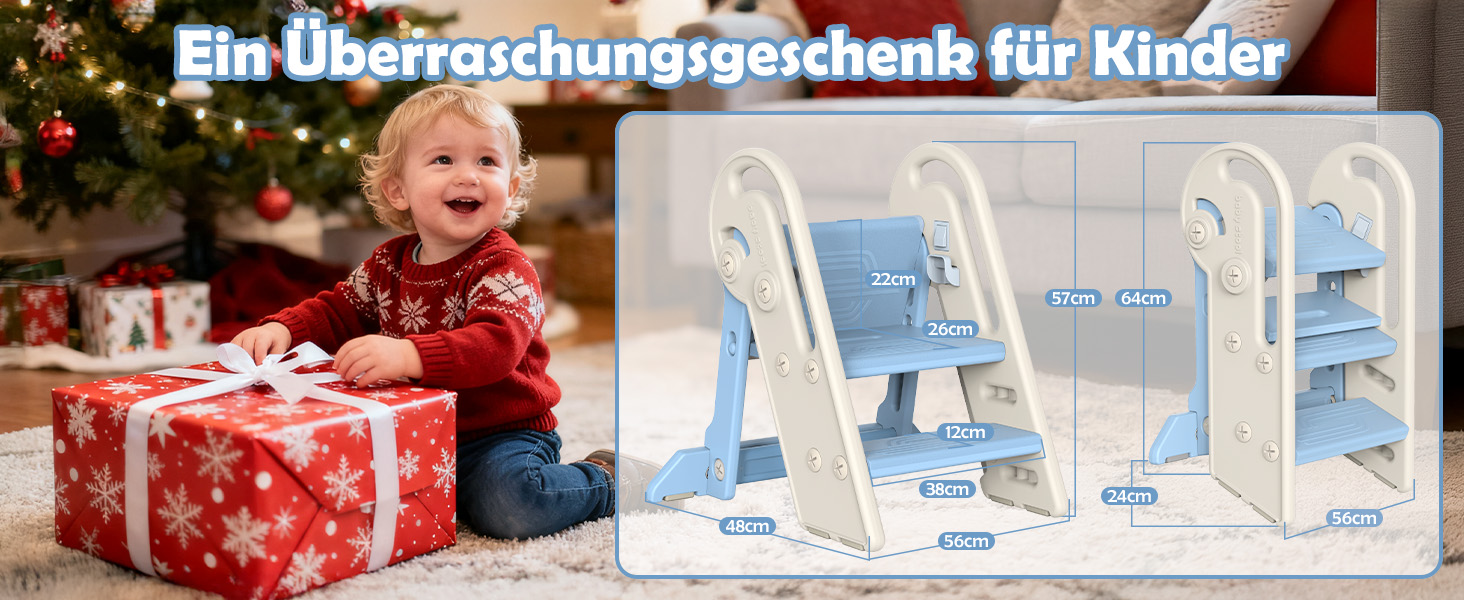 Дитячий підсвічник Onasti Tritthocker: регульована висота, 3 сходинки, з ручками, складний, антиковзний, для кухні, ванної, туалету (сірий, сіро-білий, блакитний)