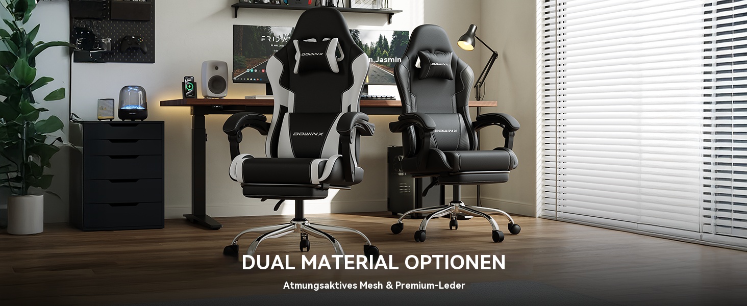 Ігровий крісло Dowinx з підніжкою та масажем попереку. Ергономічне ігрове крісло для офісу, дому, стрімінгу та тривалих ігрових сесій. Білий (Чорний)