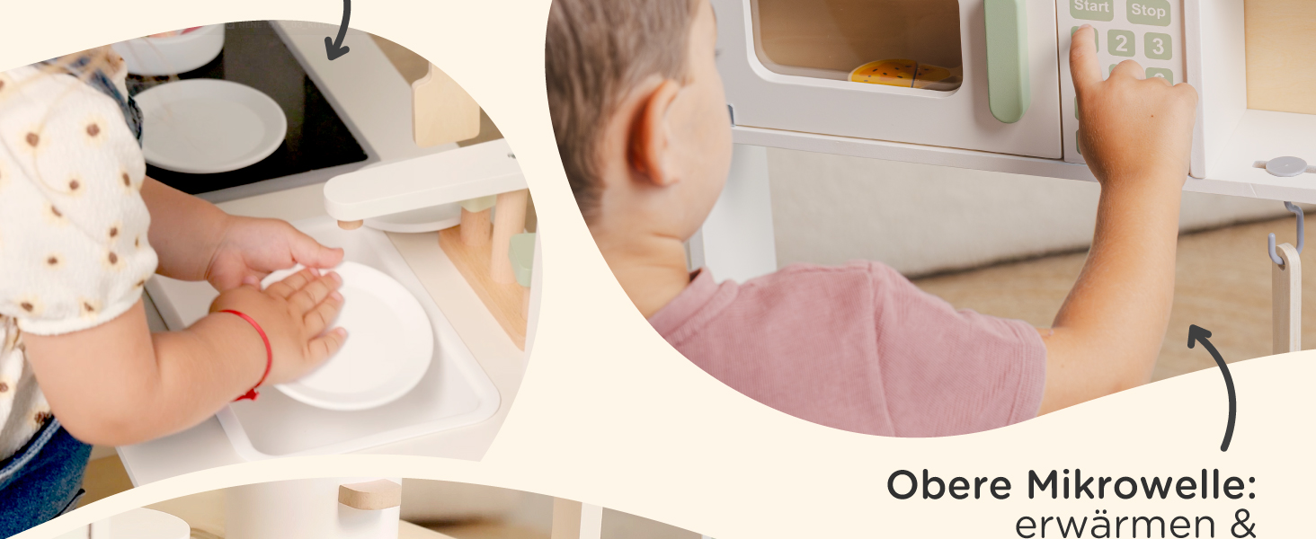 Дерев'яна дитяча кухня Nene Toys – іграшковий кухонний набір з підсвіткою та звуком, мийка, кран, мікрохвильова піч, духовка, полиці, гачки + аксесуари – іграшка Монтессорі від 3 років – подарунок для дівчаток та хлопчиків