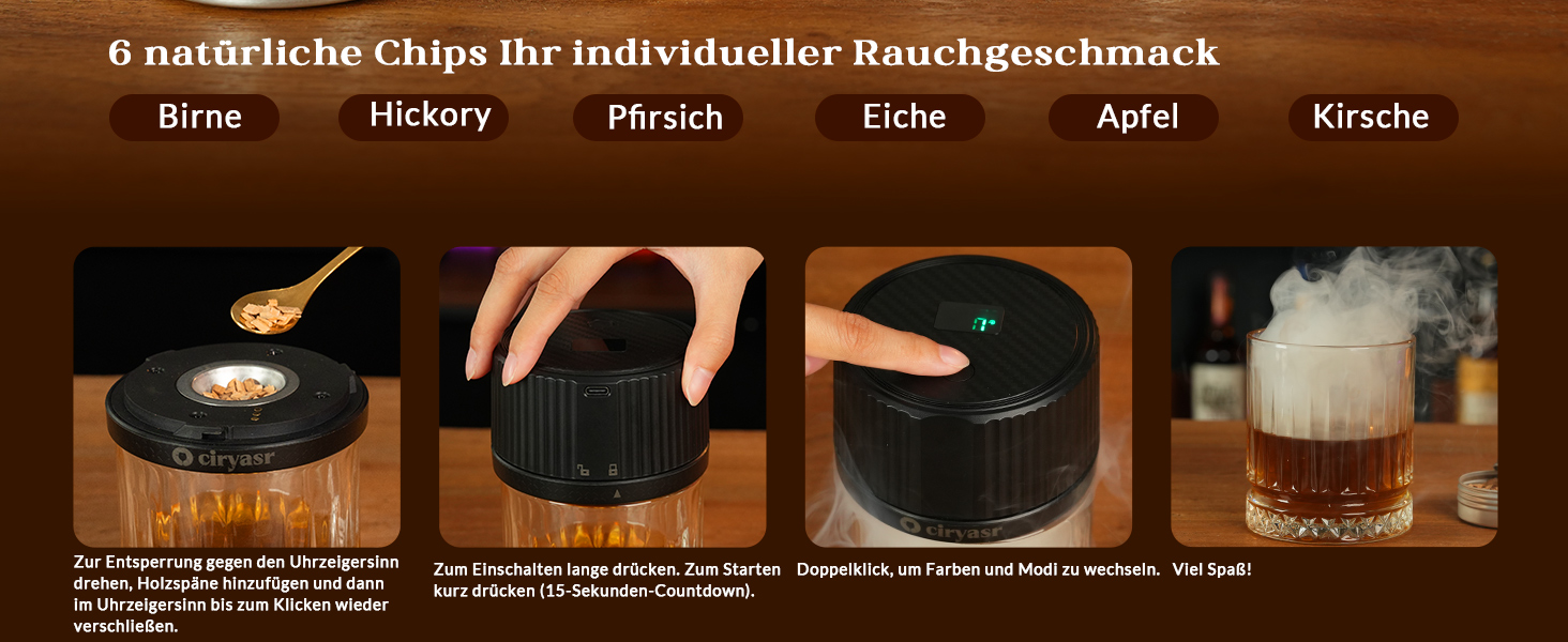 Електричний набір для копчення коктейлів CIRYASR з 6 смаками, RGB підсвітка, для віскі/бурбон, подарунок для чоловіків