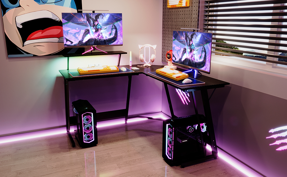 Ігровий кутовий стіл Devoko 130x130 см з LED RGB-підсвіткою, підставкою для монітора та гачком для навушників, карбоновий білий