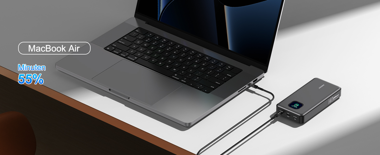 Power Bank 140W, 25000mAh з дисплеєм для ноутбука, MacBook, iPad, iPhone, Switch. Швидка зарядка PD3.1 (Сірий)