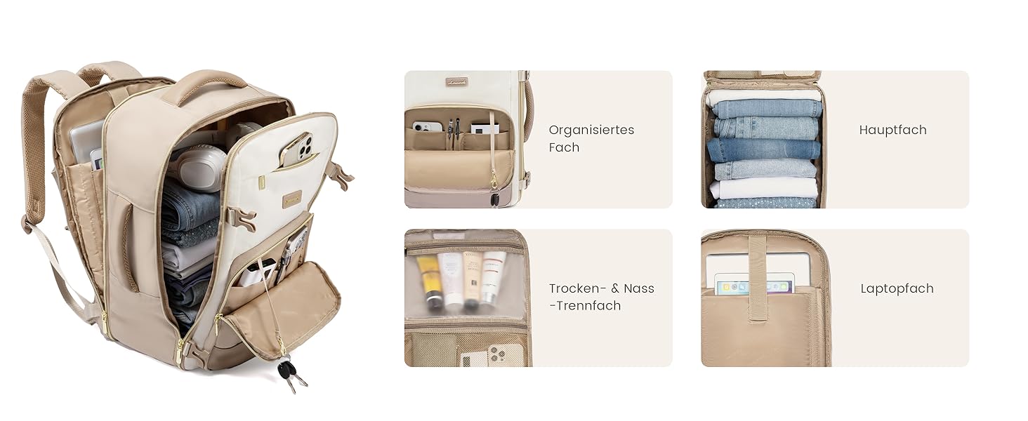 LOVEVOOK Рюкзак ручної поклажі, 40л, 17.3 дюйми, для подорожей та бізнесу, водонепроникний, 45x30x20см, світло-бежевий