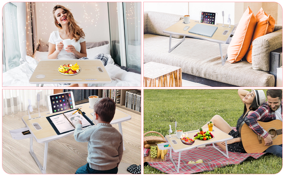 Складаний столик для ноутбука з USB-портом, ручкою, відділенням для карток, тримачем для напоїв та ящиком. Білий клен.