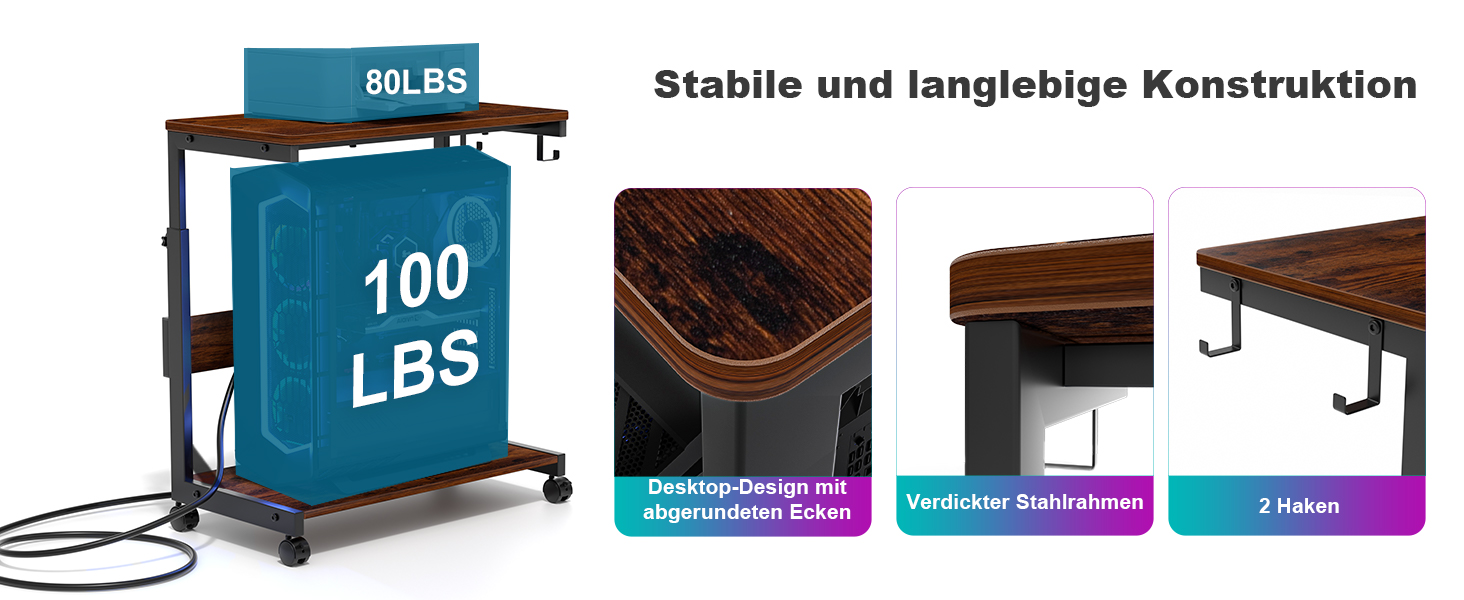 Регульована підставка для комп'ютерного блоку з 2 полицями та місцем для зберігання – для корпусів ATX, принтерів, з фіксуючими роликами (Темно-коричневий, B64 x T34 x H59-84,5cm)