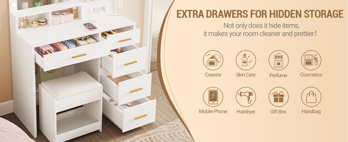 Дзеркальний туалетний столик Hzuaneri з LED-підсвіткою (10 LED), пуфом, великим дзеркалом, тримачем для фену та шухлядами, білий DT39003X