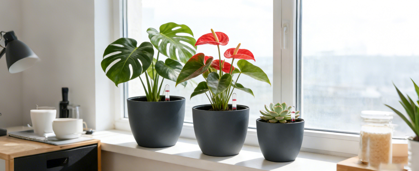 Автоматичний горщик для квітів з індикатором рівня води, 2 шт. - ідеально для зайнятих людей та початківців, підходить для монстери та розмарину (сірий, 17,5 см)