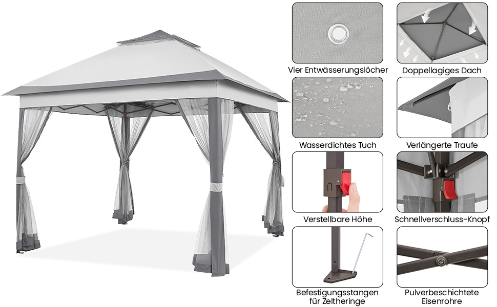 Павільйон Yaheetech 3.3x3.3м, водовідштовхуючий, з москітною сіткою, регульована висота, для саду та відпочинку