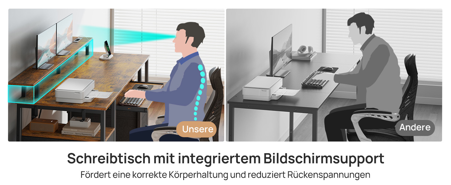 Ігровий стіл Seventable з LED підсвіткою, розетками та USB портами, шухлядами, підставкою для клавіатури та монітора (120x47x87 см, вінтажний коричневий)