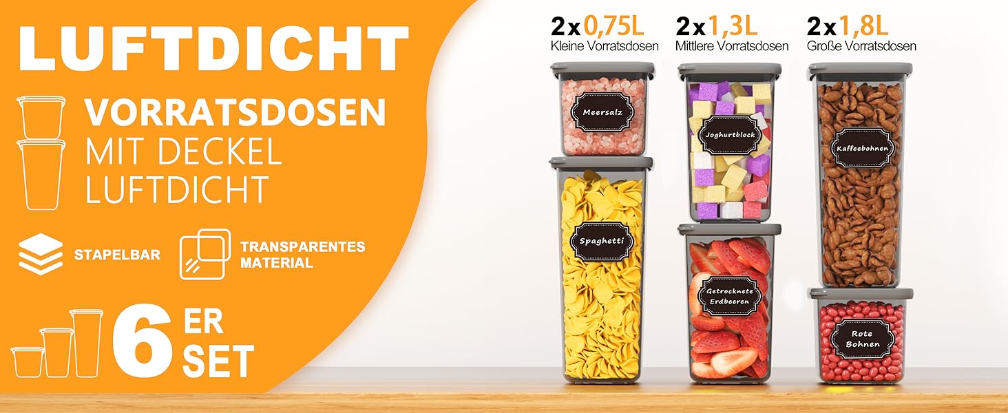 Герметичні контейнери для зберігання продуктів з кришкою, набір 6 шт, сірий (1,8 л)