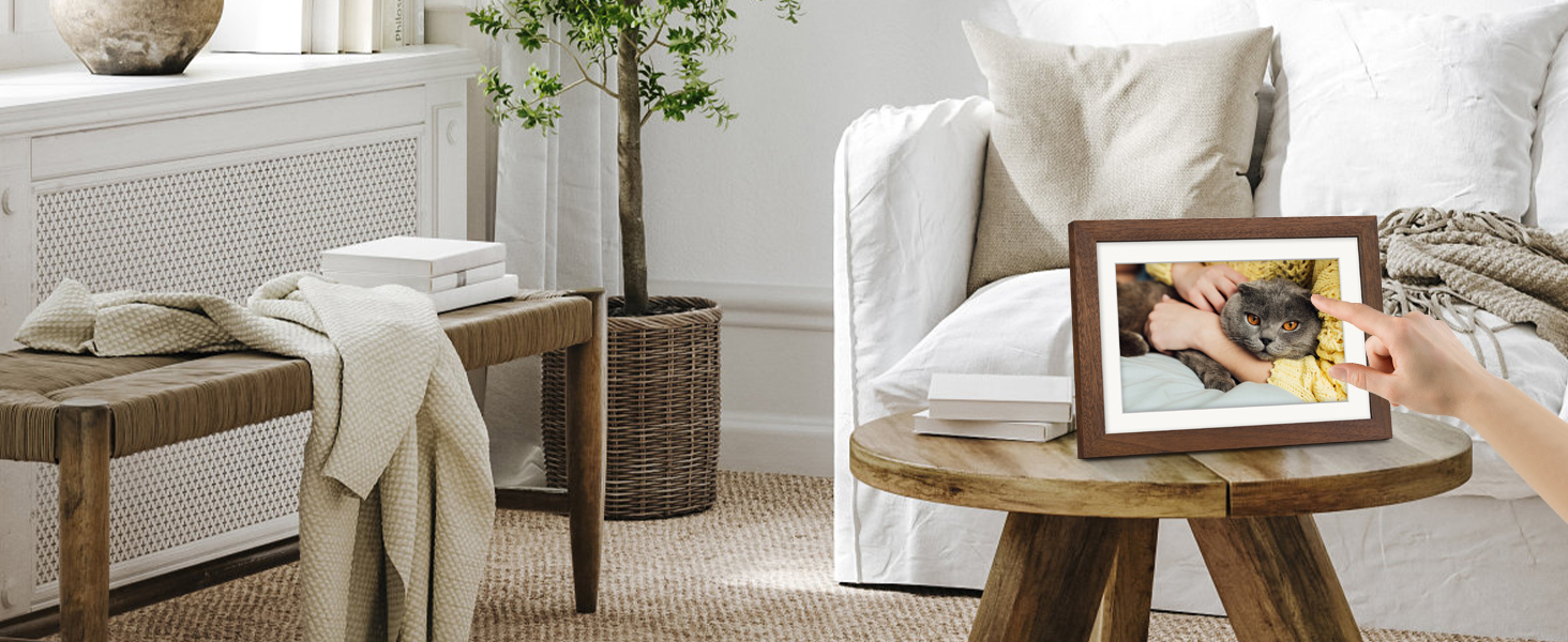 Цифровий фоторамка Frameo 10.1 дюйма з Wi-Fi, горіхове дерево, 32GB, IPS Touchscreen, Wi-Fi, фото/відео через додаток Frameo, подарунок для чоловіків та жінок