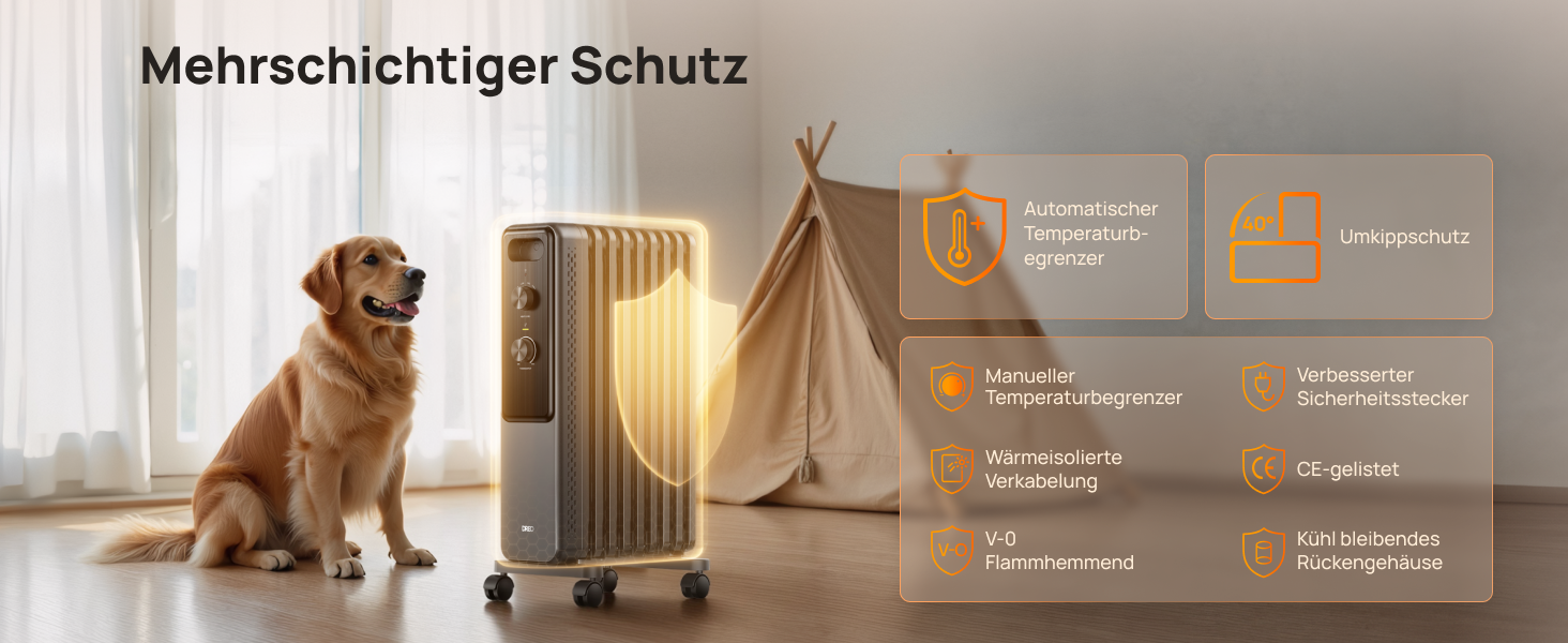 Електричний масляний радіатор Dreo з 9 ребрами, 2000W, тихий, з захистом від перегріву та перекидання, термостатом, дитячим замком, енергозберігаючий