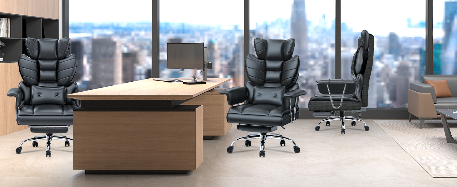 Ергономічне крісло для офісу з висувною підніжкою, регульоване по висоті, велика м'яка спинка, індивідуальна підтримка попереку, крісло для начальника з PU-шкіри, чорне з підніжкою