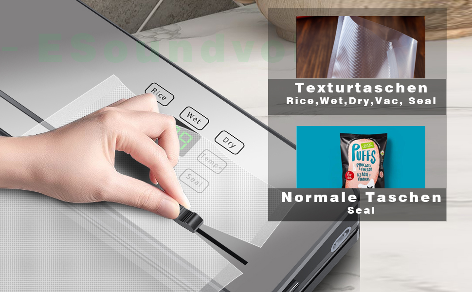 Вакууматор для продуктів ESoundvol 8-в-1 з LED-дисплеєм, вбудованим різаком та контролем температури, 10 пакетів у комплекті