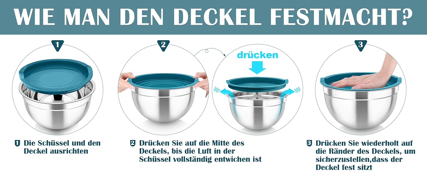 Набір салатниць TEAMFAR 6 шт. з нержавіючої сталі з кришками та силіконовим дном, 0,7L / 1,5L / 1,6L / 2,5L / 2,8L / 4,6L (блакитний)