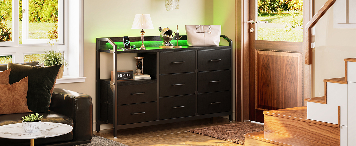 Комод ODK з висувними ящиками та LED-підсвіткою, 10 кольорів, 2 USB та 2 AC розетки, 8 тканинних ящиків, для вітальні та спальні, 110x30x88 см (Чорний)