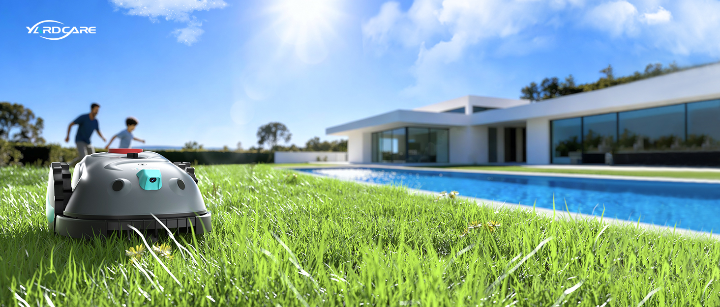 Робот-газонокосилка V100 без обмежувального кабелю з камерою, уникнення перешкод, навігація Vision, акумулятор 4 Ah, 150㎡, запасні леза, спіральне косіння, сірий колір