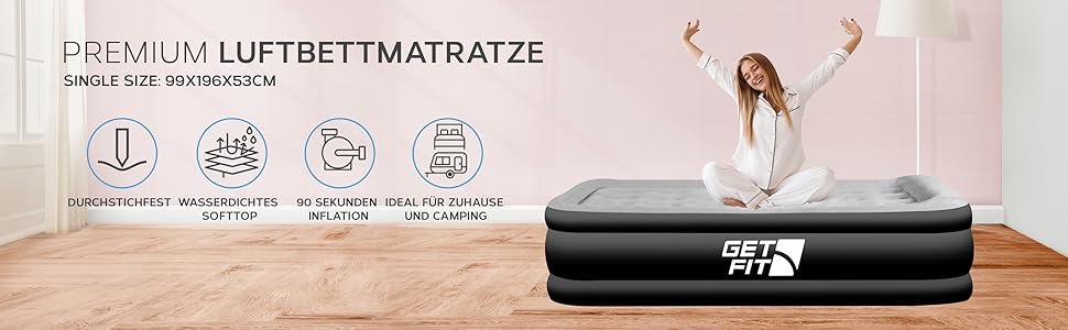 Надувне ліжко Get Fit з вбудованим електричним насосом - 99x196 см Premium Single Air Bed - Надувне ліжко з узголів'ям і безкоштовною надувною подушкою - Підняте надувне для кемпінгу односпальне - 99x196 см Чорний/Сірий