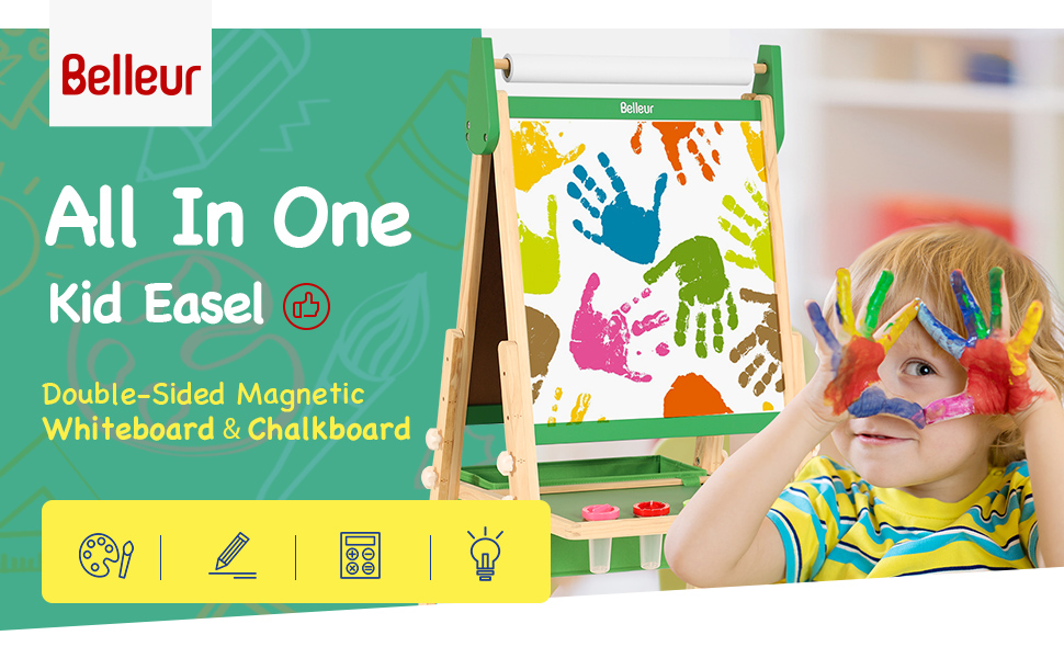 Дитяча мольберт All-in-One з 2 рулонами паперу, аксесуарами, регульована магнітна двостороння дошка для малювання з крейдою та магнітами, дошка для дітей 2-8 років, зелений