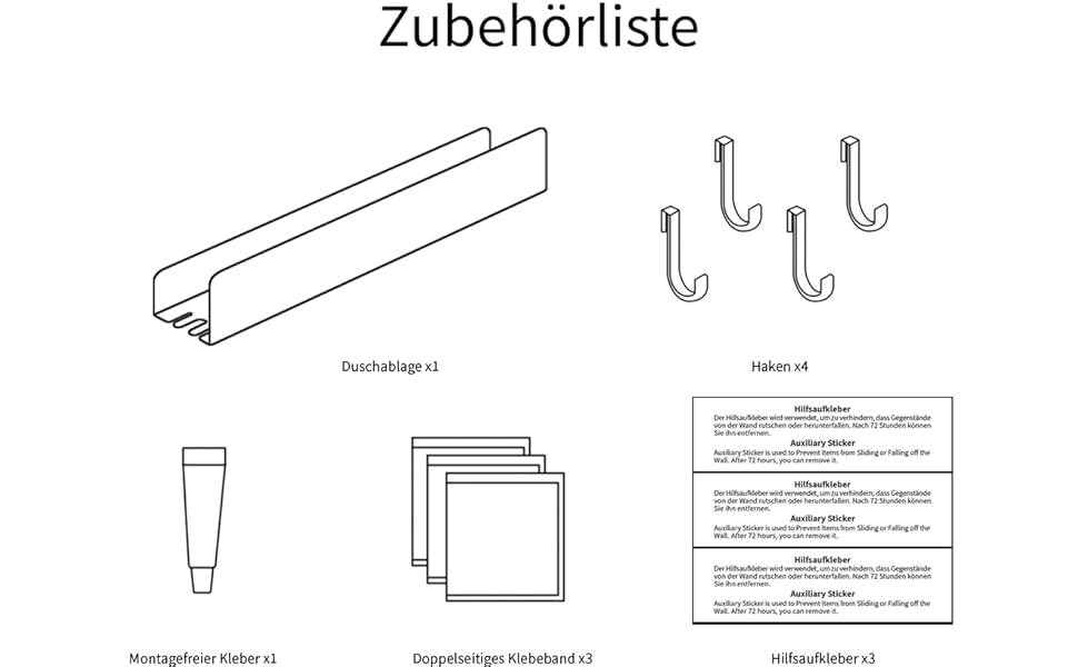 Поличка для душу REKITA без свердління, органайзер для ванної кімнати 40 см, поличка з нержавіючої сталі з 4 знімними гачками, тримач для шампуню для душу, навісна поличка, чорний колір