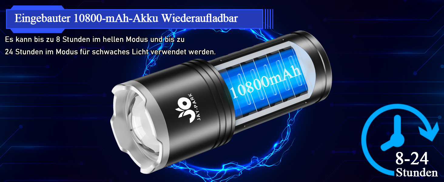 Потужний LED ліхтар JAY-PARK 500000 Люмен, акумулятор 10800 мАг, LCD-дисплей заряду, 5 режимів світла, зум, водонепроникний IPX7, чорний матовий — для кемпінгу та походів