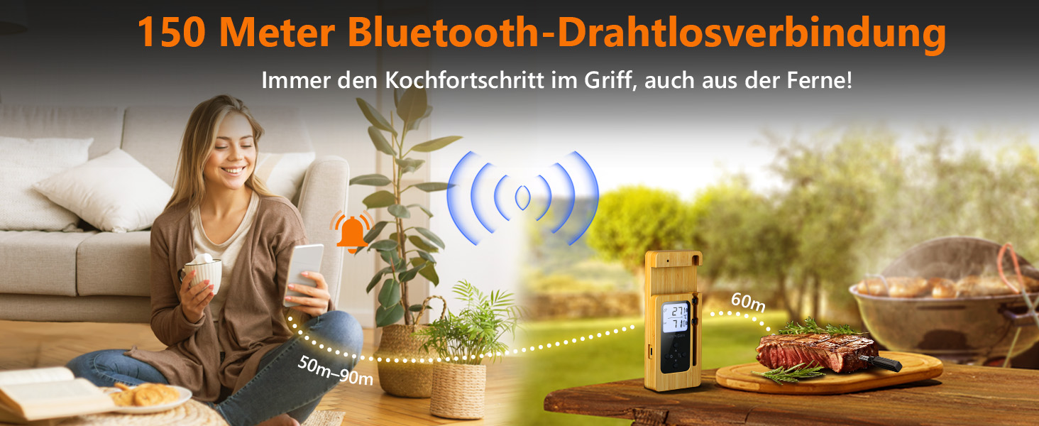 Бездротовий термометр для м'яса AIRMSEN з LCD-дисплеєм, водонепроникний (IPX8), для приготування на грилі, в духовці та BBQ, Bluetooth, 150м, керування через додаток, керамічна ручка, для гриля, духовки та BBQ, колір: дерево