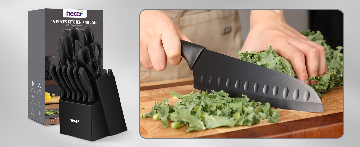 Набір кухонних ножів Hecef 15 предметів з бруском, чорний, з антипригарним покриттям, можна мити в посудомийній машині, самозаточуваний брусок, ергономічні ручки, кухонний набір ножів для початківців та кулінарів-ентузіастів