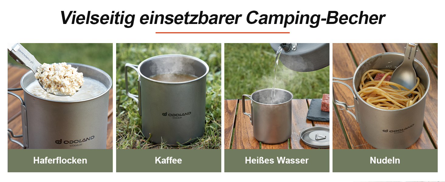 Набір кемпінгового посуду Odoland Titanium кружка 750 мл і 420 мл, кавова чашка з кришкою та свинкою, складна ручка