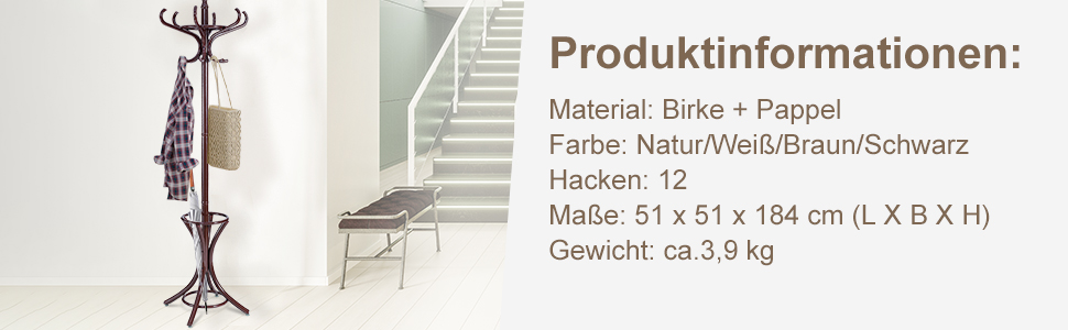 Стойка для одягу GIANTEX з підставкою для парасольки, дерев'яна, 12 гачків, для прихожей/вітальні (чорна)