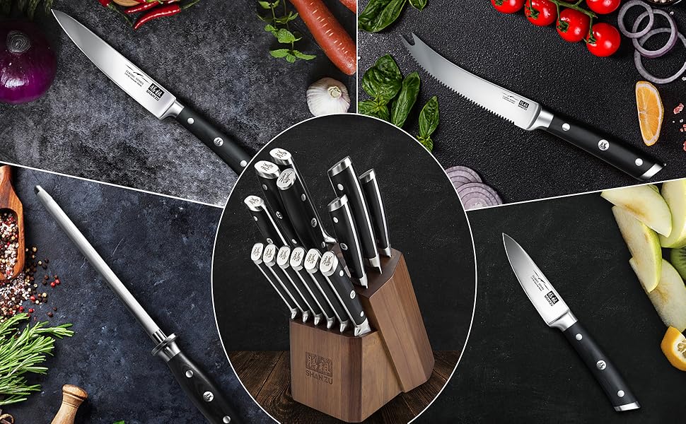 Набір кухонних ножів SHAN ZU з бруском, 14 предметів. Професійний німецький набір ножів для кухні з бруском, дерев'яний, сріблястий.