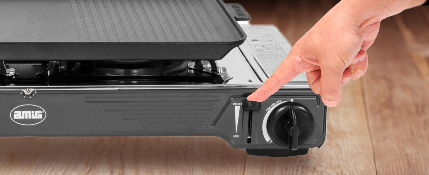 Газовий балонний пальник Amig CAMP01 з 1 конфоркою, вбудованим вітрозахистом та нержавіючою сталею, 2.2 кВт, сумісний з картриджами B-250