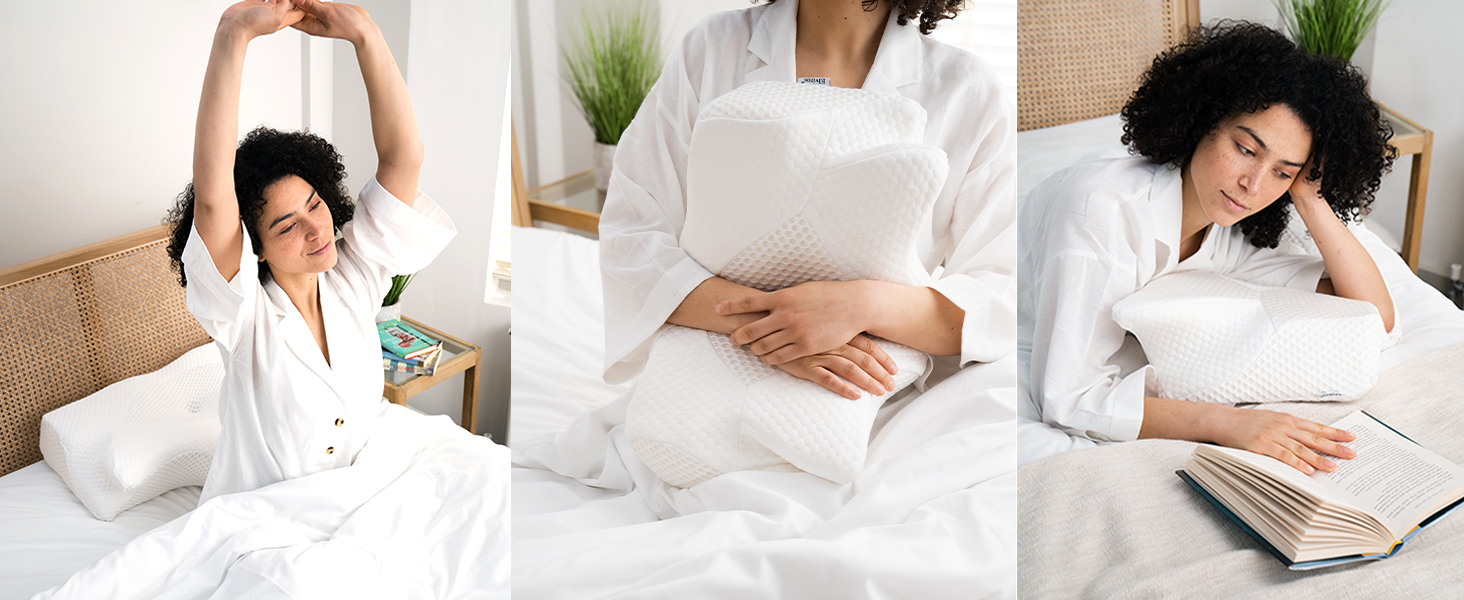 Ортопедична подушка для шиї Elviros з піни Memory Foam, ергономічна, для сну на спині, боці та животі, знімний охолоджуючий чохол, 64×(11,5/13)×40 см, сірий