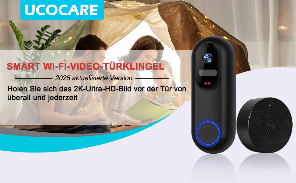 Відеодзвінок UCOCARE з камерою, 2K HD, Wi-Fi, ширококутний об'єктив, нічне бачення, водонепроникний IP66, підтримка SD/Cloud-пам'яті