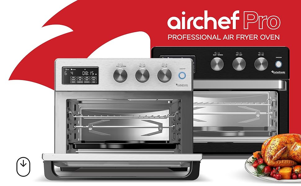 TurboTronic Цифровий Конвекційний Духовий Шовкопряд - XXL 32 літри з поворотним шампуром для курки 5 в 1 Міні-духовка, сушарка та фритюрниця Airfryer від 25°C (Чорний)