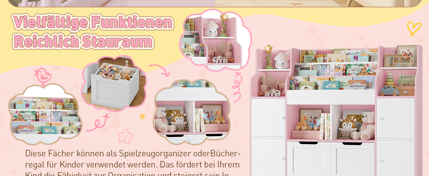 FOREHILL Дитяча полиця-стелаж для іграшок та книг у кімнату з дерева, рожева, 122 x 30 x 100 см