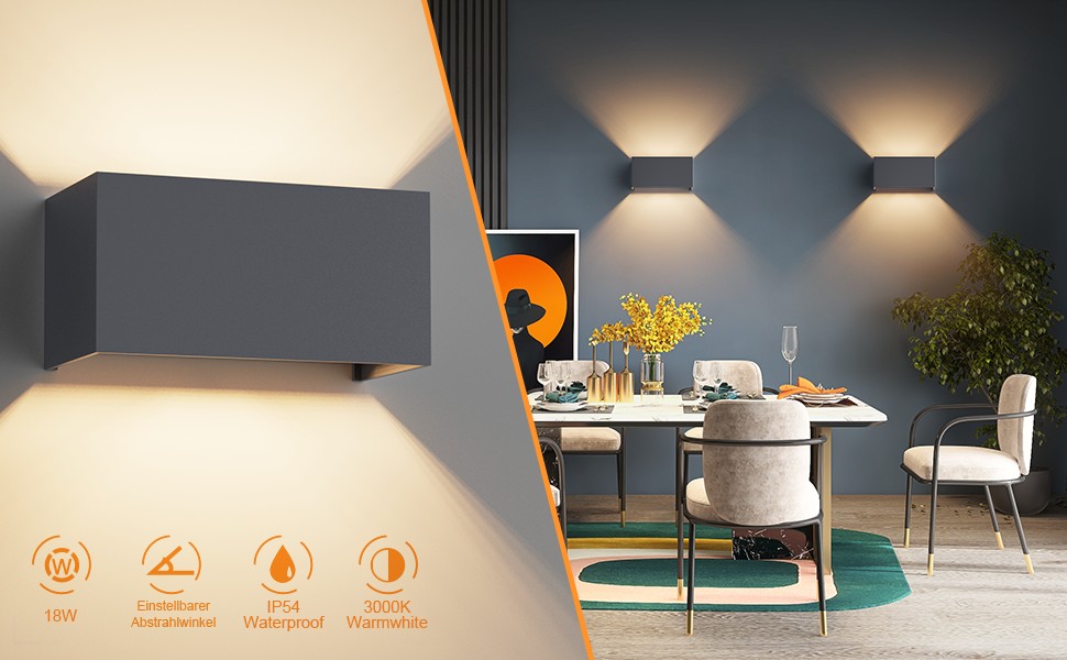Стіна світильник Klighten вуличний LED 18W з лампою G9 (3000K, тепле біле світло), регульований кут нахилу, IP54, антрацит RAL 7016 для дому та саду