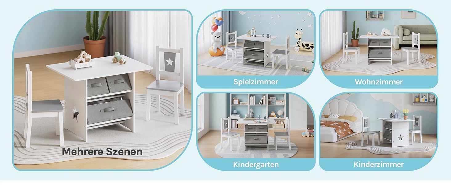 Дитячий набір меблів WOLTU: стіл та 2 стільці з ящиками для зберігання, дерев'яний, сіро-білий