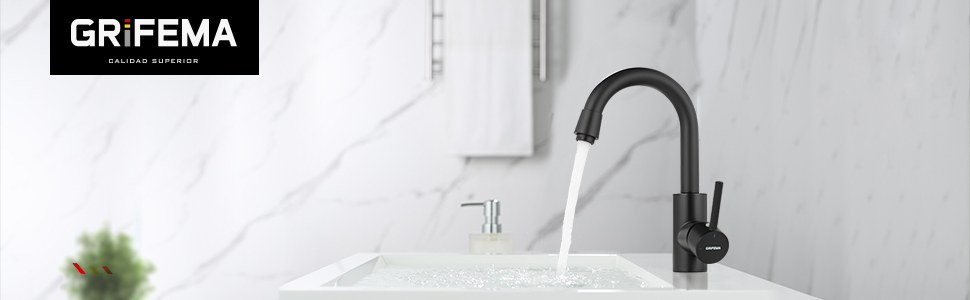 Змішувач для ванної кімнати GRIFEMA - поворотний на 360°, одноlever, нержавіюча сталь, 180 мм, гаряча та холодна вода, економія води, проста установка, з'єднання 3/8″, для гостьового туалету, G1002A (Чорний)