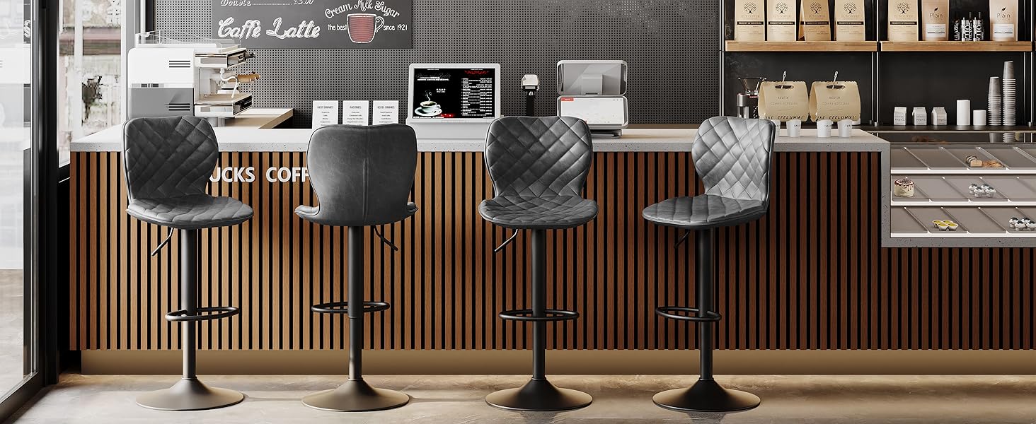 Набір барних стільців 4 шт. регульовані по висоті з підлокітником та підставкою для ніг – 360° обертання, PU шкіра, оббивка, металевий каркас для кухні, стійки, їдальні, вітальні, чорний