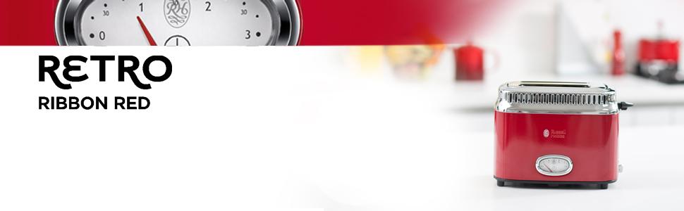 Тостер Russell Hobbs Retro 21680-56, нержавіюча сталь, червоний, 2 тости, 6 режимів, розморожування, підігрів